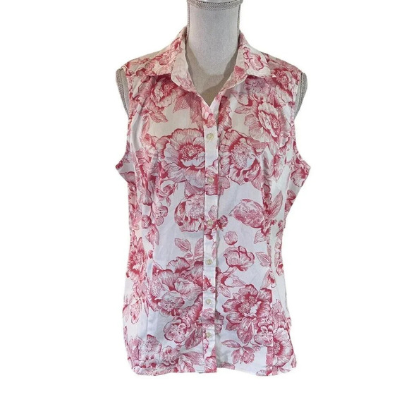 Charter Club Tailored Fit Button Up Tank Plus Size 16 Pink White Floral Pattern - Picture 1 of 8